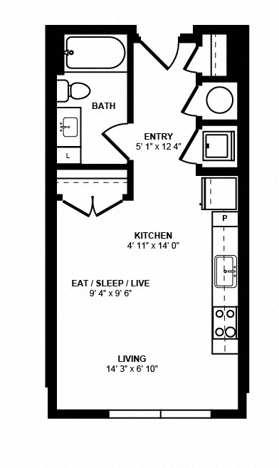 Floor plan for studio, 1 bath, 456 sqft
